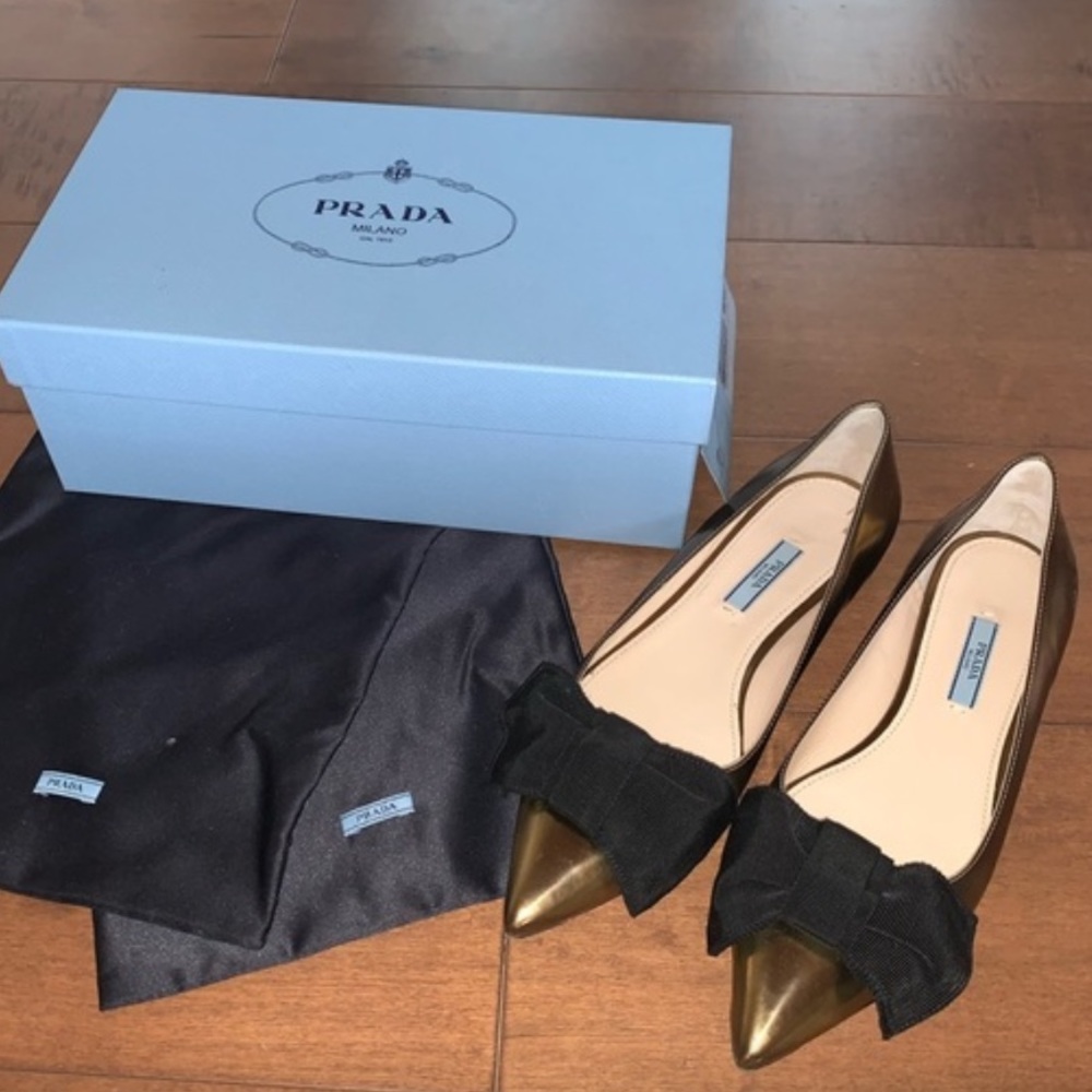 Prada bronze flats with bow